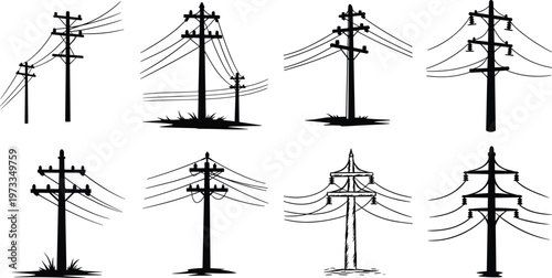 Collection of eight black silhouette of utility poles with wires power line electricity