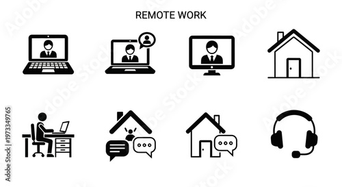 Remote work icon collection featuring laptop video calls home office and headset symbols for telecommuting.