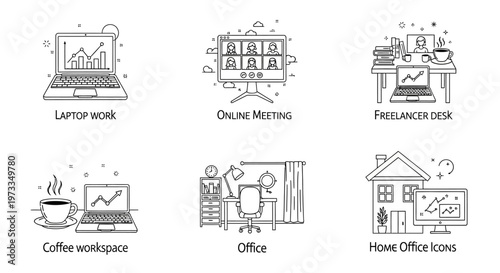 Detailed line art icons for home office work online meetings freelancer desk and coffee workspace concepts.