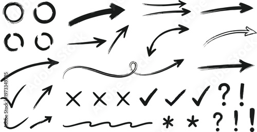 Arrows and symbols including checkmarks, question marks, and exclamation points provide a comprehensive set of hand-drawn indicators for document annotation and visual guidance.