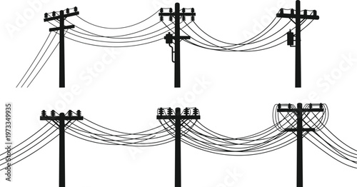 Collection of black silhouette utility poles with power lines and insulators against white background