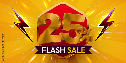 Dynamic Flash Sale 25 Off banner with golden numbers and lightning. Eye-catching design for promotions and discounts. Vector illustration