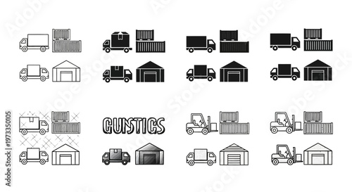 Logistics and transport icons illustrating shipping, delivery, warehouse, and cargo handling operations.