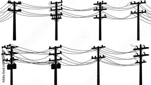 Black silhouette of multiple utility poles with tangled power lines and transformers against a white background