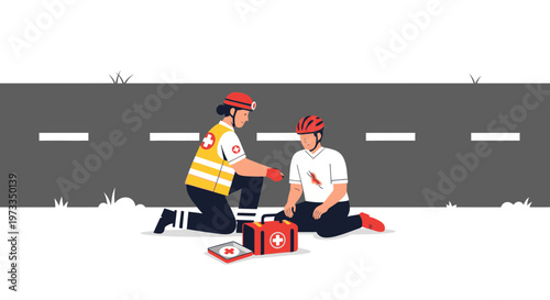 Paramedic helps injured cyclist on roadside with first aid kit, emergency medical assistance