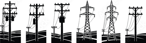 Black silhouette of power lines and transmission towers against a white background with stylized landscape