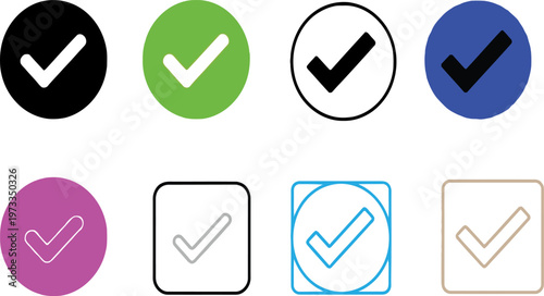 Title collection of colorful checkmark icons in oval and rectangular shapes representing approval description an assortment of checkmark symbols displayed