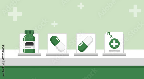 Pharmacy Icons: Pills, Capsule, Prescription, Bottle on Green Background with Plus Signs