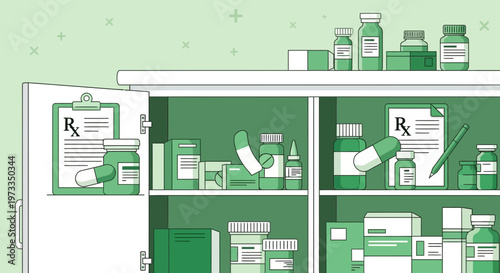 Pharmacy cabinet filled with medicines, prescriptions, and medical supplies.