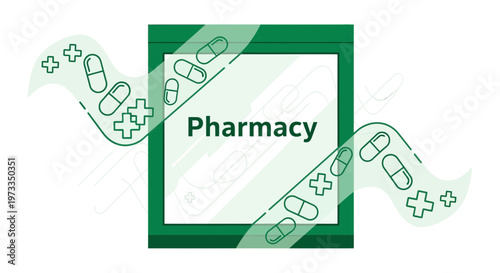 Pharmacy Symbol with Pills and Crosses on Green Background
