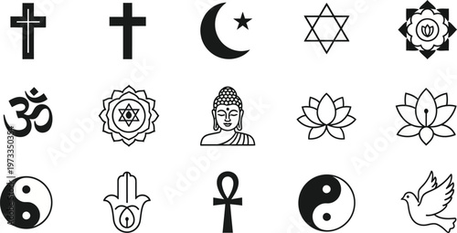 A collage of religious and spiritual symbols on a white background, representing diversity and faith for editorial use.