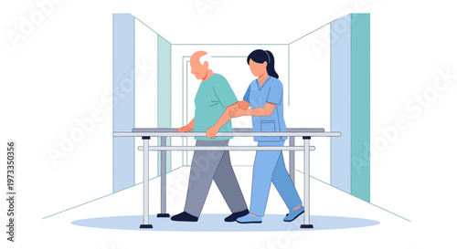 Physical therapist assisting elderly man walking with parallel bars in rehabilitation center