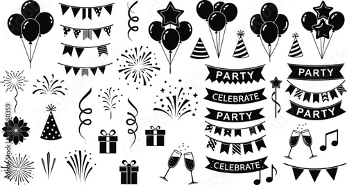 Party decorations feature a set of festive celebration elements including balloons, confetti, gift boxes, and banners.