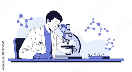 Scientist in lab coat using microscope, surrounded by molecular structures, symbolizing research and discovery