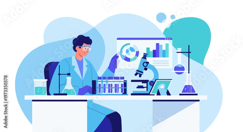 Scientist in lab coat working with test tubes and microscope, analyzing data on screen