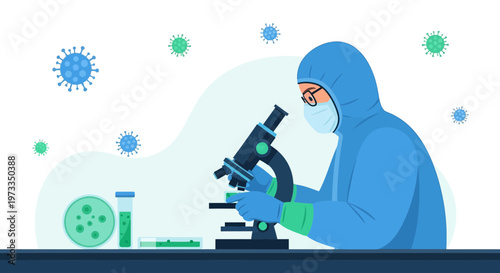Scientist in protective suit examining virus under microscope, research lab, pandemic concept