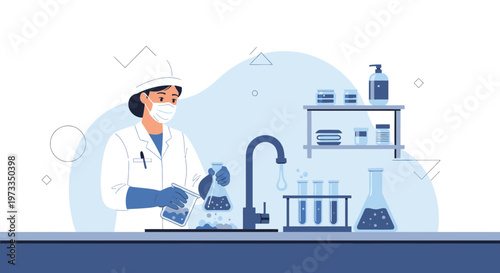 Scientist washing lab equipment at sink, science research, laboratory cleaning, safety