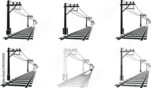 Black and white of a railway track with overhead power lines receding into the distance