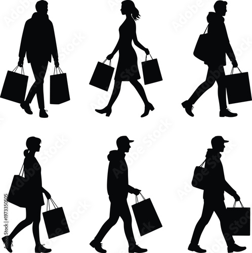 Black silhouette people walking with briefcases in flat style black silhouettes business commuting d