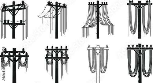 Collection of black silhouette utility poles with hanging wires and insulators power line
