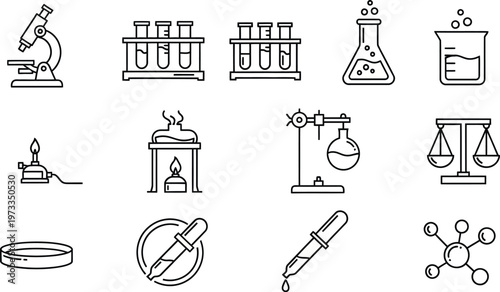 Line art icons representing scientific laboratory equipment on a white background, suitable for educational materials and research websites.