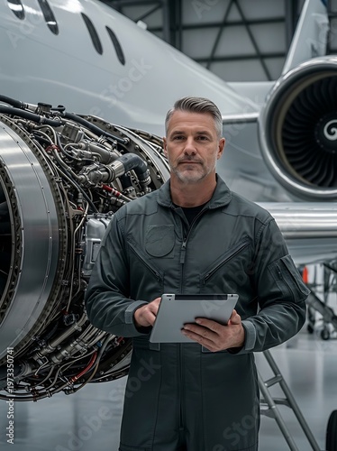Professional Male Aerospace Engineer Inspecting Jet Engine of Private Aircraft in Hangar Using Digital Tablet for Maintenance Checks