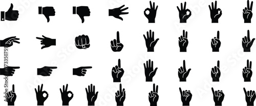 Various hand gesture icons in silhouette on a white background, ideal for interface design and user feedback.