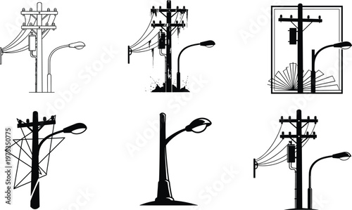 Six black and white of utility poles with streetlights and wires power lines electricity