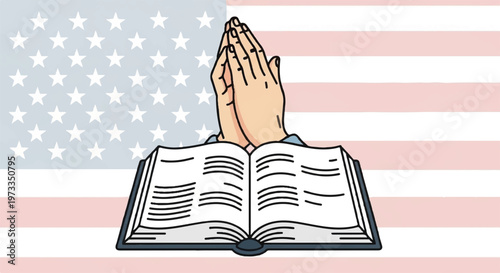 Praying hands on holy bible, American flag background, vector illustration, religious symbol