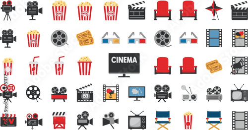 Cinema and Movie Icon Set Featuring Film Cameras, Popcorn, Tickets, Movie Seats, and TV for Entertainment and Media Designs