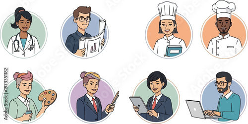 Professionals display diverse career roles including medical, culinary, artistic, and corporate fields.