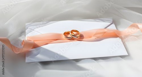 Two wedding rings on a white envelope decorated with a peachcolored ribbon, resting on a soft, draped white fabric background, elegant wedding concept
