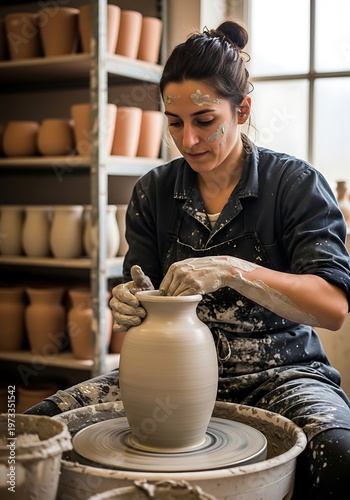 Skilled female ceramic artist meticulously shaping a beautiful clay vase on a traditional pottery wheel in a bright workshop studio.