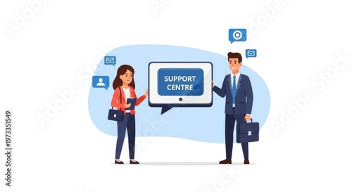Business professionals interacting with a support center interface for customer service and assistance.