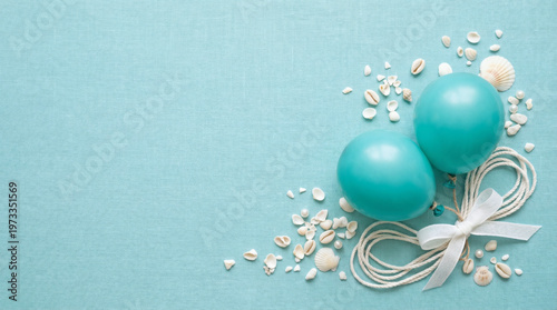 Teal Balloons Seashell Confetti Aqua Coastal Copy Space