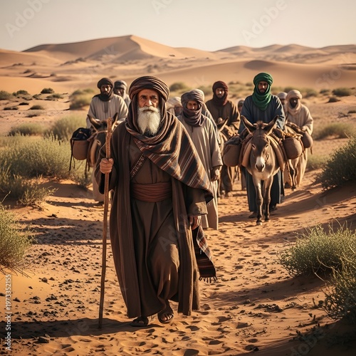Elderly Man Leads Caravan Through Desert Sands Under Bright Sunlight