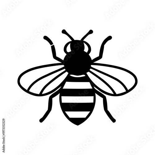 Black and white stylized illustration of a bee, a buzzing insect with striped abdomen and spread wings