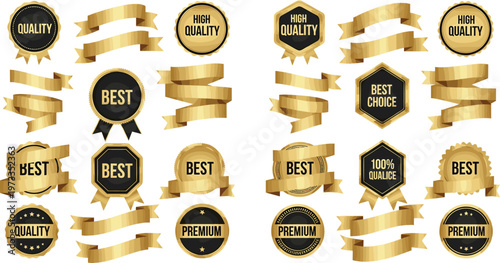 Gold Ribbon and Badge Collection with Premium Quality, Best Choice and Award Labels for Luxury Branding and Marketing Illustration Design