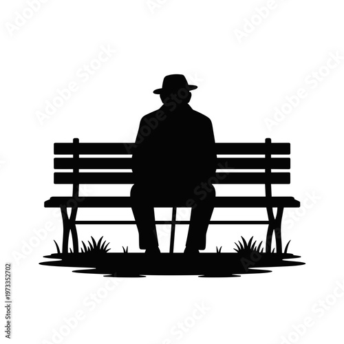 Elderly man sitting alone on park bench silhouette, senior loneliness and quiet city life concept, isolated black figure for social care poster or emotional support design