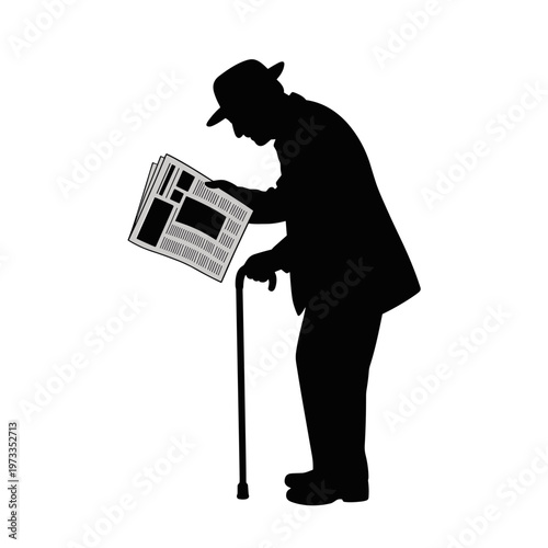 Elderly man with cane reading newspaper silhouette in side view, senior daily routine and independent living concept, isolated black figure for social care poster or lifestyle design