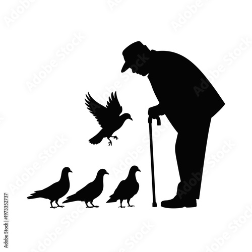 Elderly man with cane watching pigeons silhouette in side view, peaceful senior city life and loneliness concept, isolated black figure for social care poster or support design