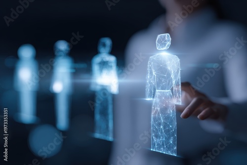 holographic AI coworker agent assisting human team with collaboration and business workflow automation concept