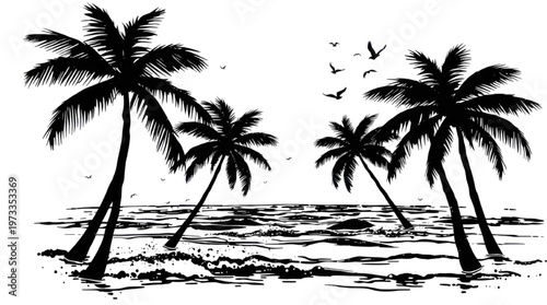 Night Tropical Beach Scene with Palm Trees and Ocean Waves Under a Dark Sky