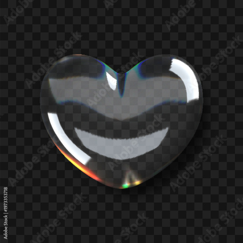 3D crystal glass heart with refractive and holographic effects, isolated on a transparent background. Romantic glossy soapy heart. Valentine day symbol.