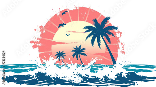 Tropical Sunset Beach with Palm Trees and Crashing Waves Vintage Illustration