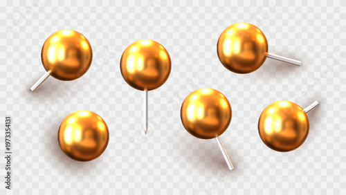 3D gold thumbtack pin set isolated on background. Vector illustration.