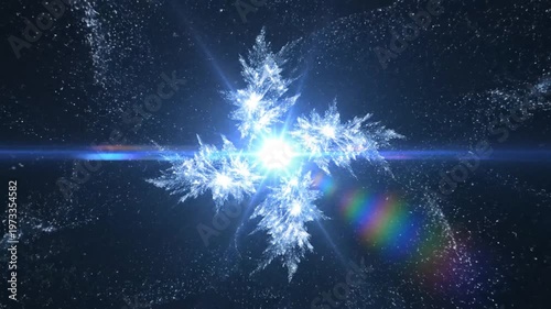 Abstract Snowflake Macro with Lens Flare and Light Rays on Dark Background