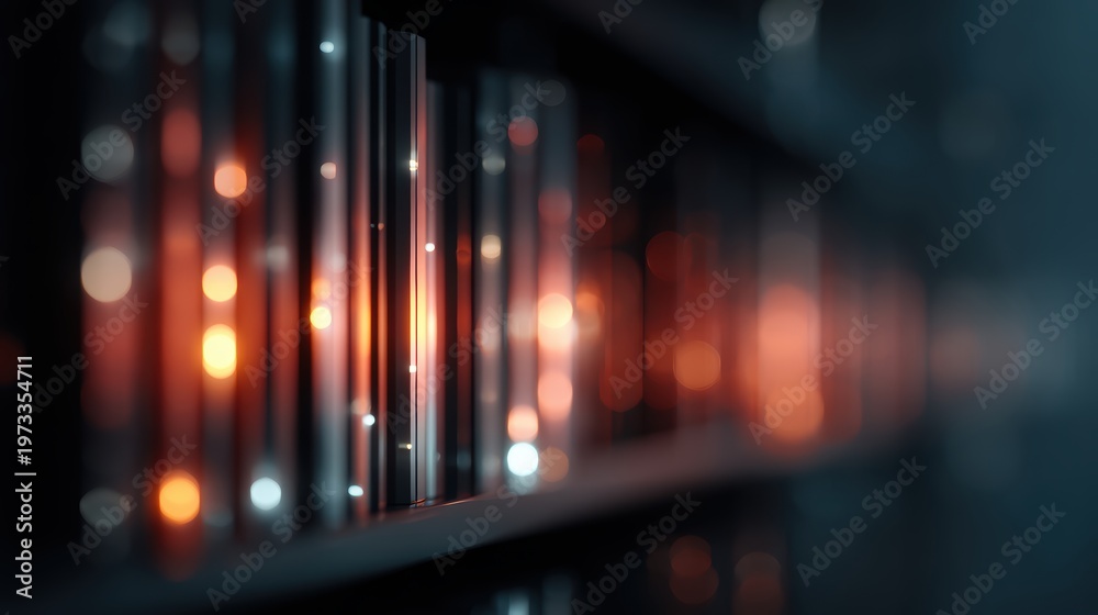 Fototapeta premium abstract digital library with glowing data streams on shelves, knowledge database and information technology concept