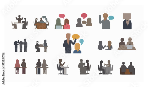 Office teamwork and communication vector set with business people in dynamic layout isolated on white background