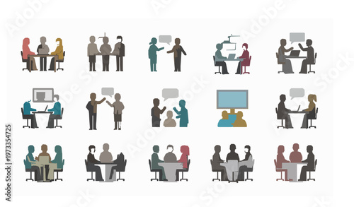 Business collaboration vector collection with office teams and communication scenes in circular layout isolated on white background